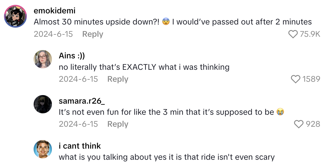 Screenshot 2025 07 06 at 9.16.40 AM We had no reassurance from the workers.   Amusement Park Ride Passenger Talked About Getting Stuck Upside Down With 10 Of Their Friends